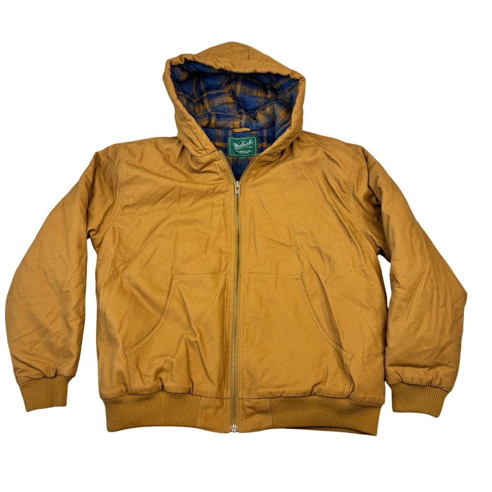 Woolrich Hooded Canvas Bomber Jacket Mens Large Brown Plaid Lined Workwear